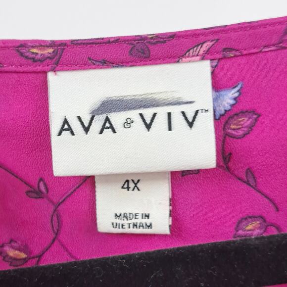 Ava & Viv Blouse Plus 4X Leaf Bird Print Tassel Tie Neck Long Sleeve Fuchsia - Picture 2 of 6